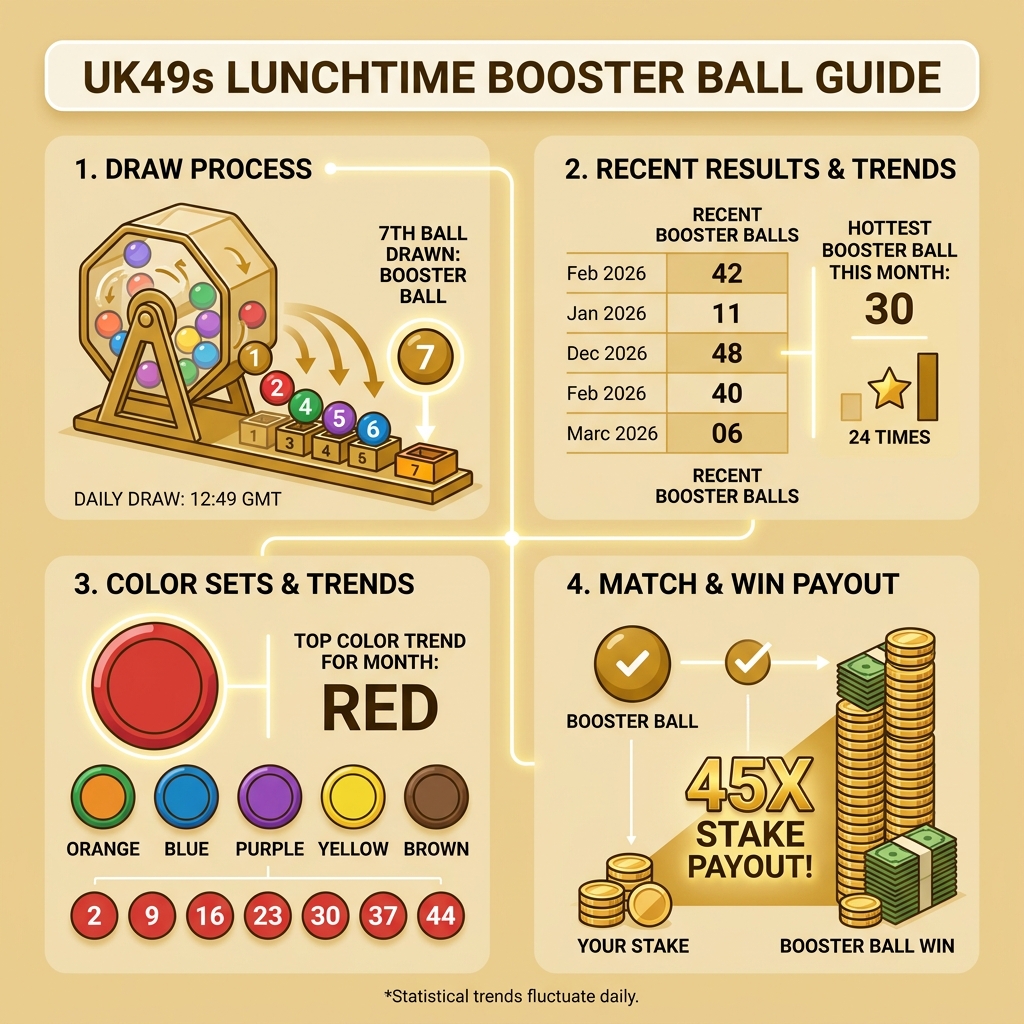 Infographic showing UK49s lunchtime booster ball draw process, hot numbers, color sets, and 45x payout - booster ball for