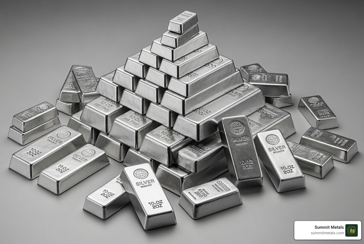 Silver bars of various sizes, from 1 oz to 100 oz - cheapest way to buy silver