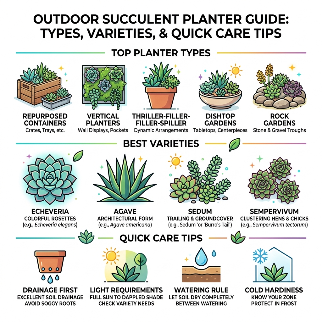 Infographic showing top outdoor succulent planter types, best varieties, and quick care tips - outdoor succulent planter Infographic showing top outdoor succulent planter types, best varieties, and quick care tips - outdoor succulent planter