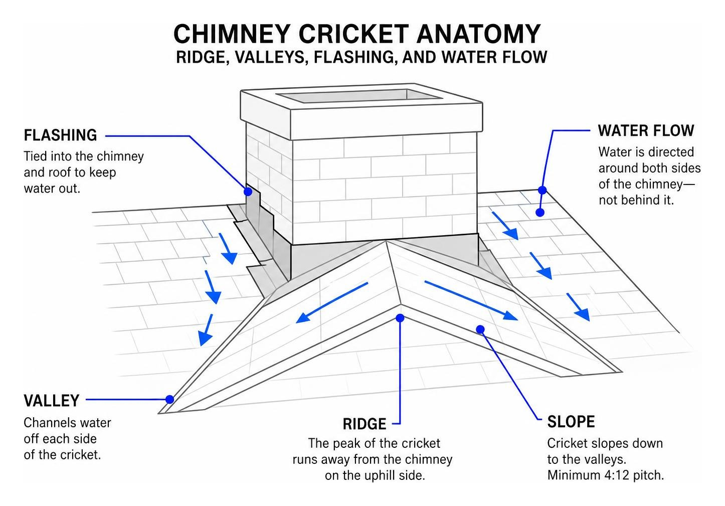 Chimney cricket anatomy showing ridge, valleys, flashing, and water flow Chimney cricket anatomy showing ridge, valleys, flashing, and water flow