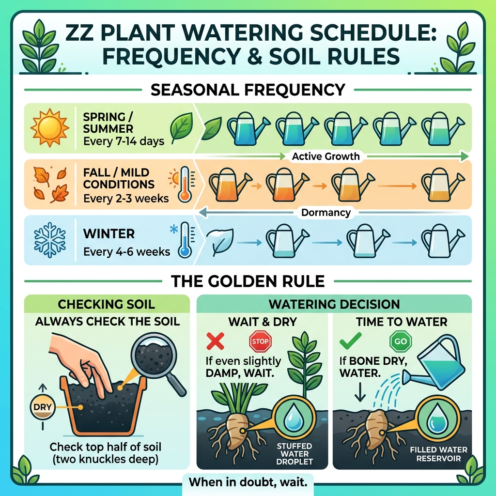 ZZ plant watering schedule infographic showing seasonal frequency and soil dryness rules - zz plant watering schedule