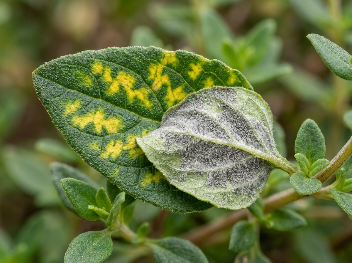 thyme leaf with gray fuzzy growth on underside - thyme downy mildew fix