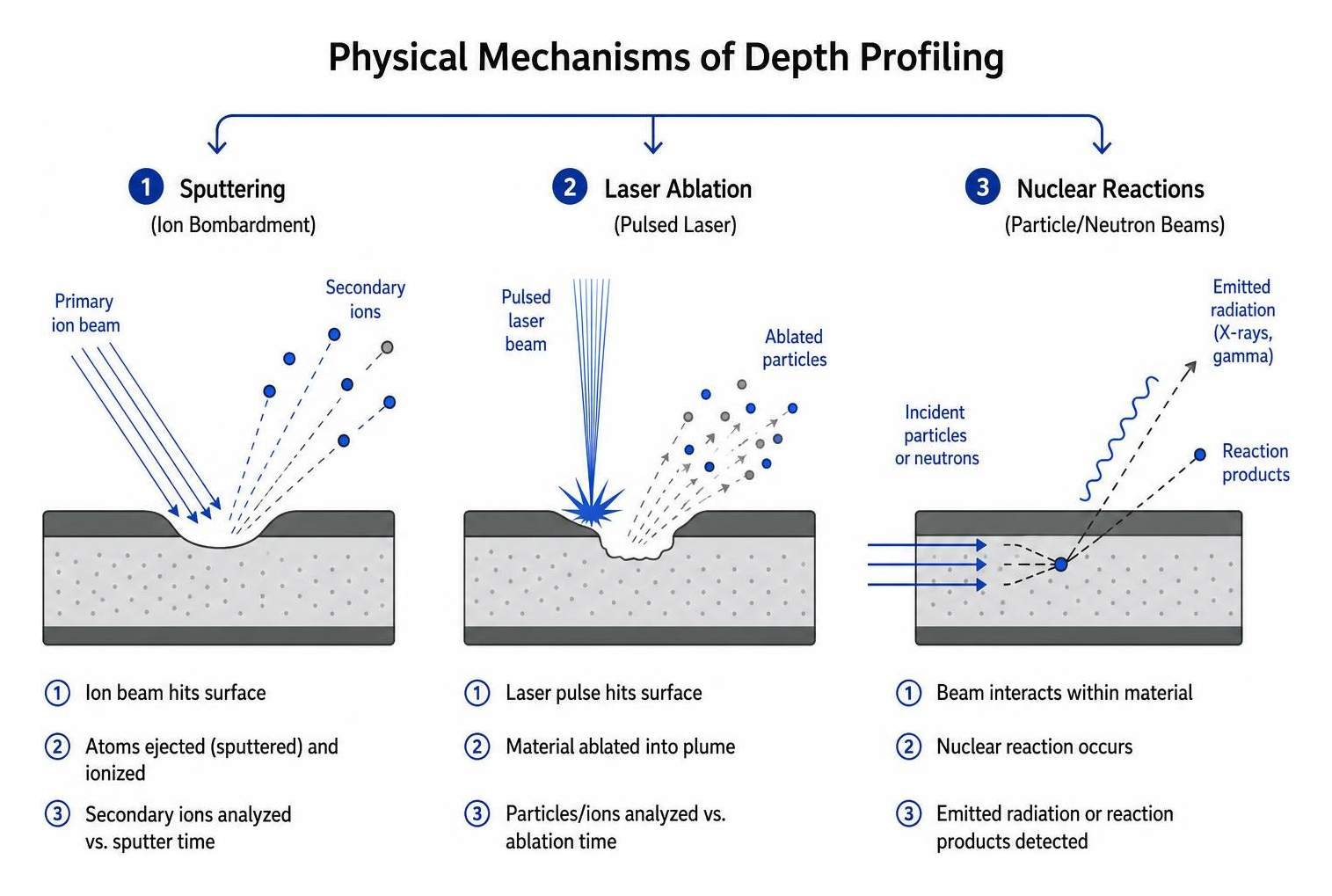 Diagram of physical mechanisms of depth profiling including sputtering, laser ablation, and nuclear reactions Diagram of physical mechanisms of depth profiling including sputtering, laser ablation, and nuclear reactions