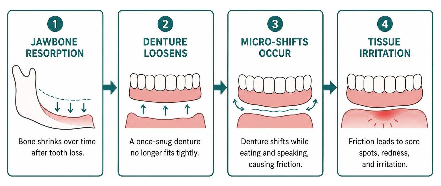 Progression from jawbone resorption to loose dentures and tissue irritation