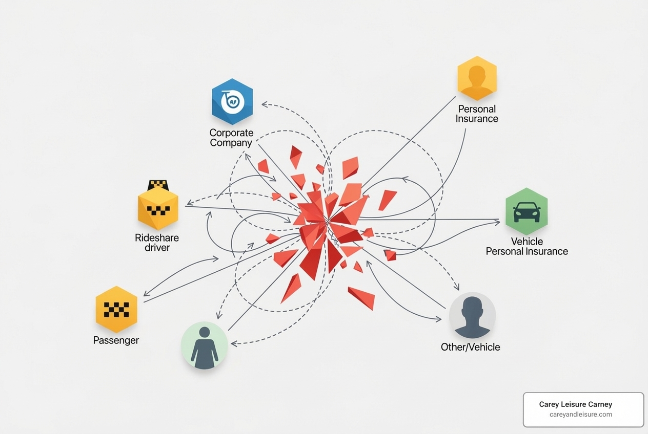 diagram showing multiple insurance policies and liable parties - how to choose a lawyer experienced with rideshare accident cases