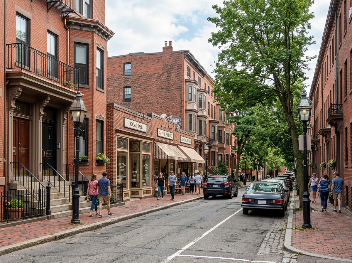 Historic South Boston brick row houses and commercial storefronts