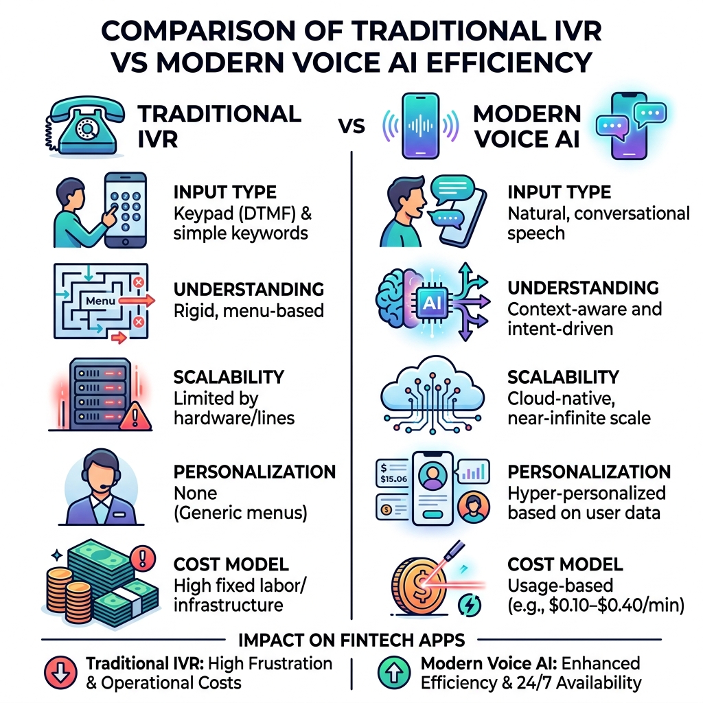Comparison of traditional IVR vs modern voice AI efficiency - fintech app voice integration infographic 