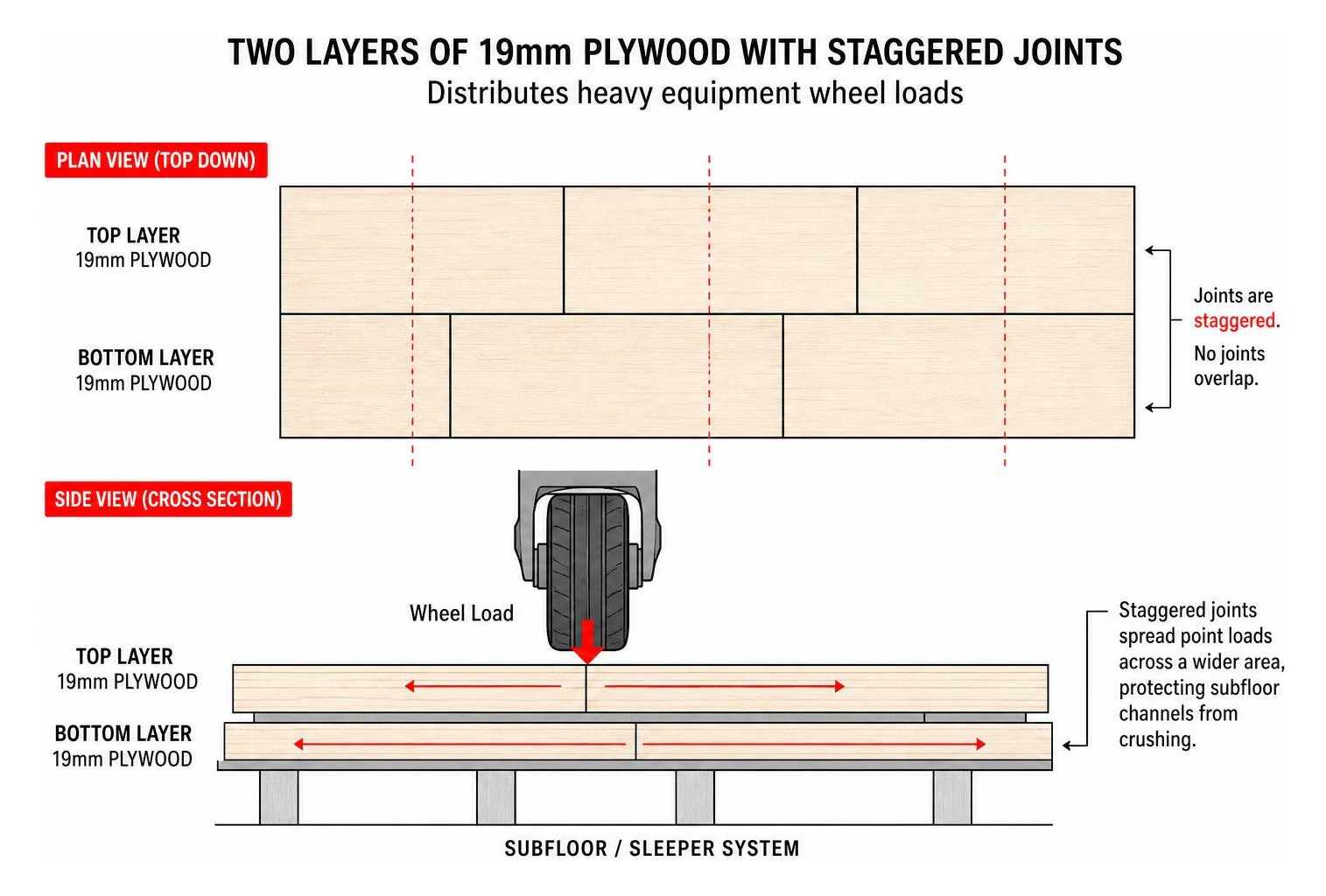 Diagram showing two layers of 19mm plywood placed with staggered joints to distribute heavy equipment wheel loads Diagram showing two layers of 19mm plywood placed with staggered joints to distribute heavy equipment wheel loads
