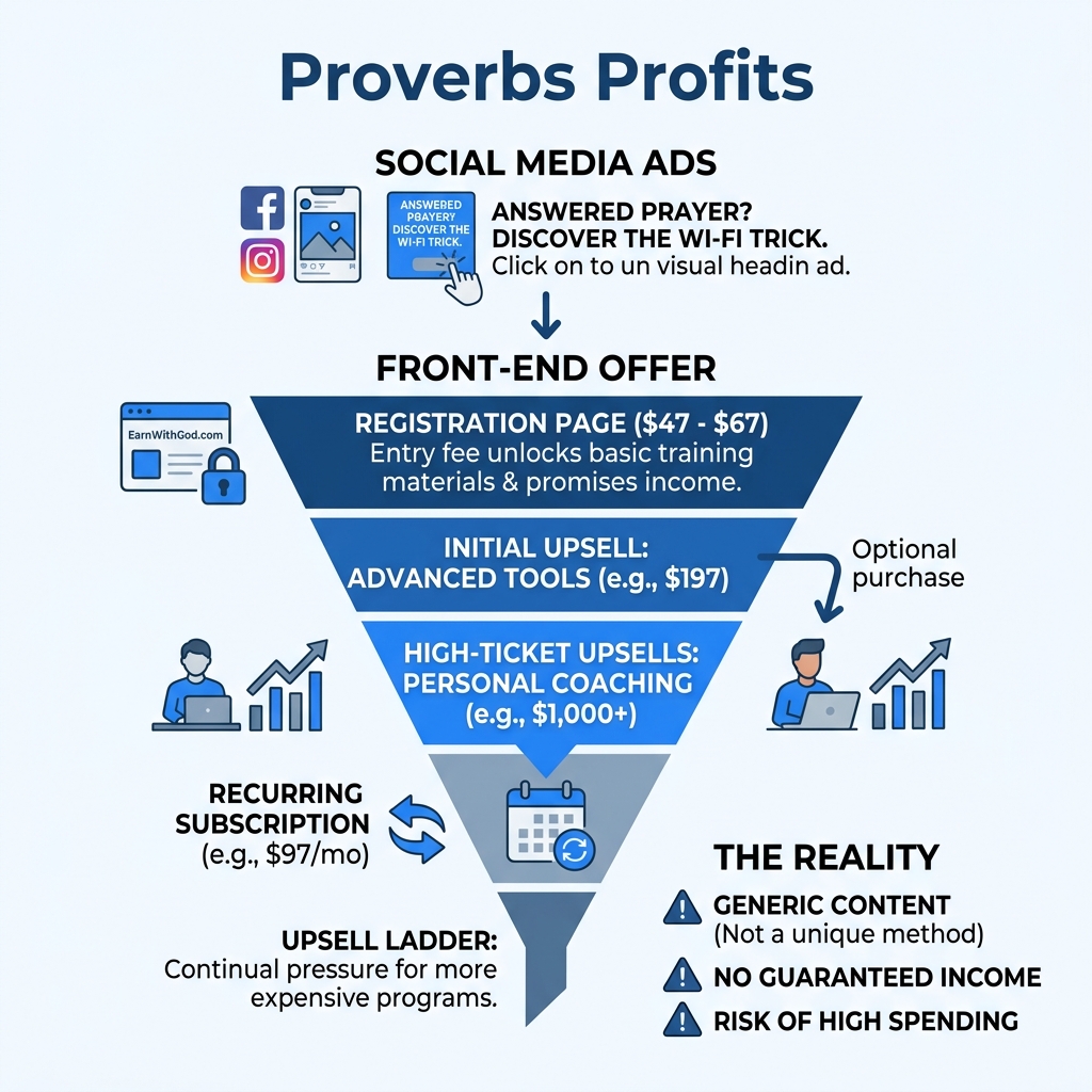 Proverbs Profits sales funnel from social media ad to upsell ladder infographic - proverbs profits scam infographic Proverbs Profits sales funnel from social media ad to upsell ladder infographic - proverbs profits scam infographic