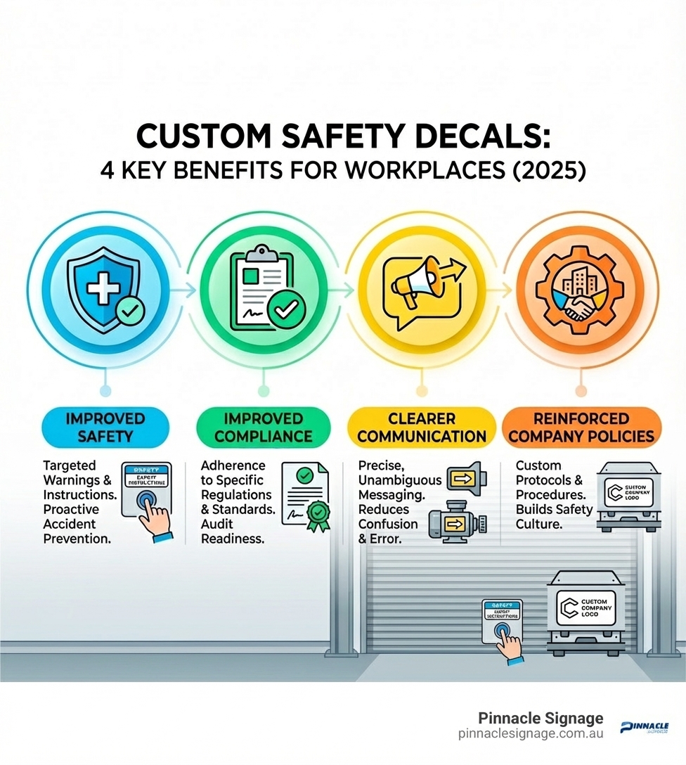 Infographic showing four key benefits of custom decals: Improved Safety, Improved Compliance, Clearer Communication, and Reinforced Company Policies. - Custom safety decals infographic 