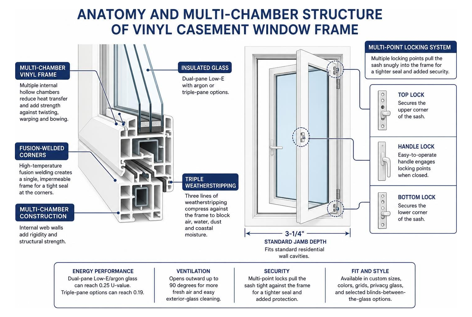 Anatomy and multi-chamber structure of vinyl casement window frame Anatomy and multi-chamber structure of vinyl casement window frame