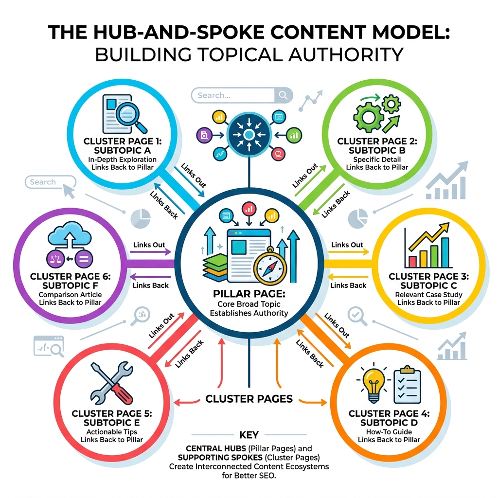 Hub-and-spoke model infographic: pillar page linking to cluster pages, each linking back to pillar - Topic Clusters and
