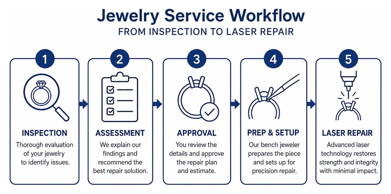 Jewelry service workflow from inspection to laser repair Jewelry service workflow from inspection to laser repair