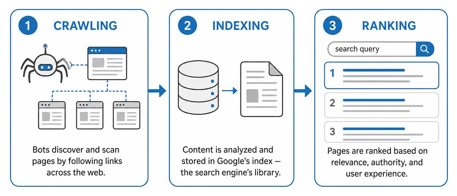 Diagram of the search engine crawling, indexing, and ranking process Diagram of the search engine crawling, indexing, and ranking process