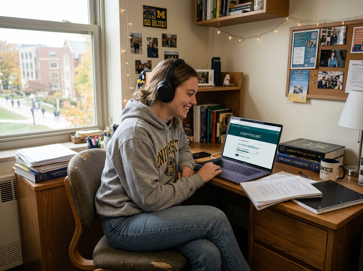 College student using NotebookLM to generate a study podcast - student podcast learning ai