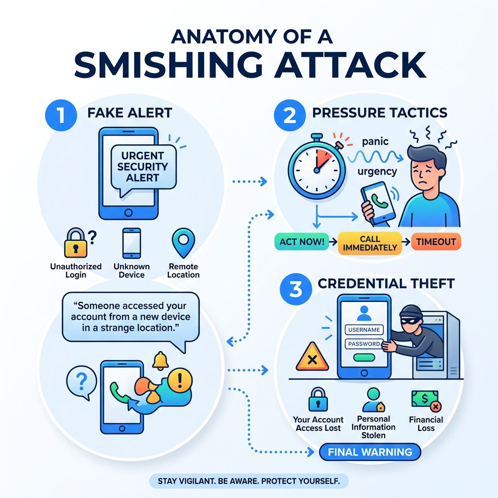 Anatomy of a smishing attack showing fake alert, pressure tactics, and credential theft steps - robinhood scam text Anatomy of a smishing attack showing fake alert, pressure tactics, and credential theft steps - robinhood scam text