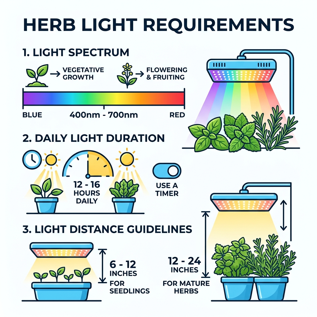 Infographic showing herb light requirements: spectrum, duration, and distance guidelines - LED grow lights for herbs Infographic showing herb light requirements: spectrum, duration, and distance guidelines - LED grow lights for herbs