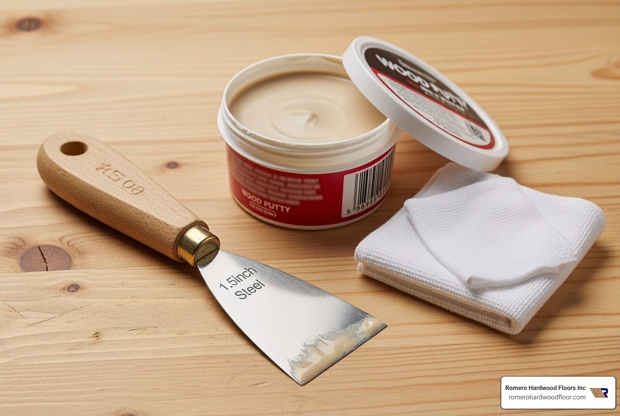 Tools for applying wood putty, including a putty knife, a container of wood putty, and a clean damp cloth, laid out on a wooden surface. - hardwood floor repair putty