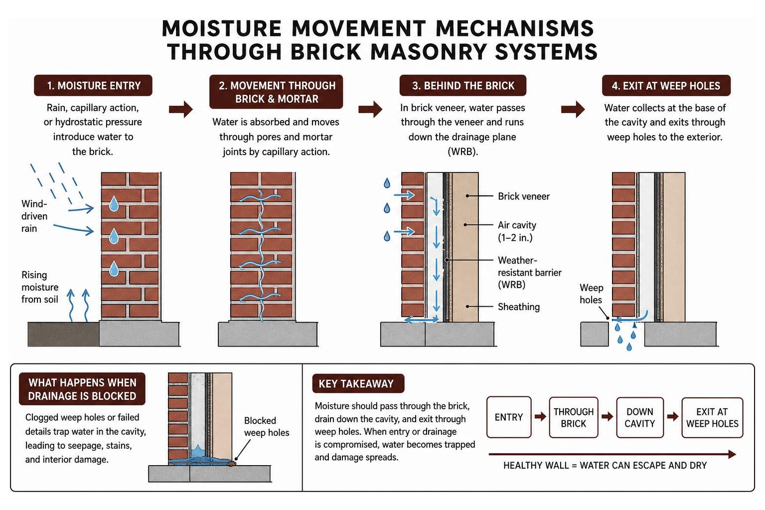 Moisture movement mechanisms through brick masonry systems Moisture movement mechanisms through brick masonry systems