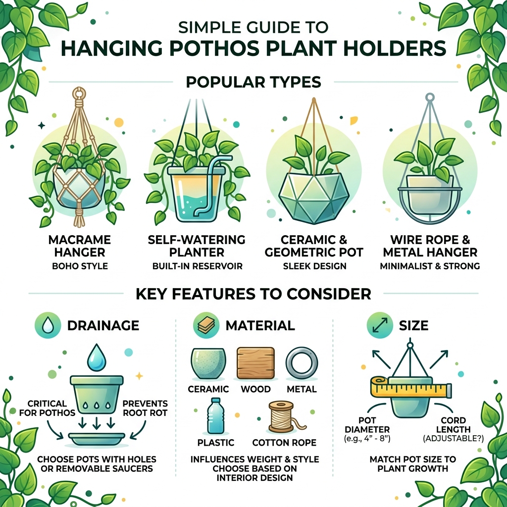 Infographic showing types of hanging pothos plant holders and key features like drainage, material, and size - hanging