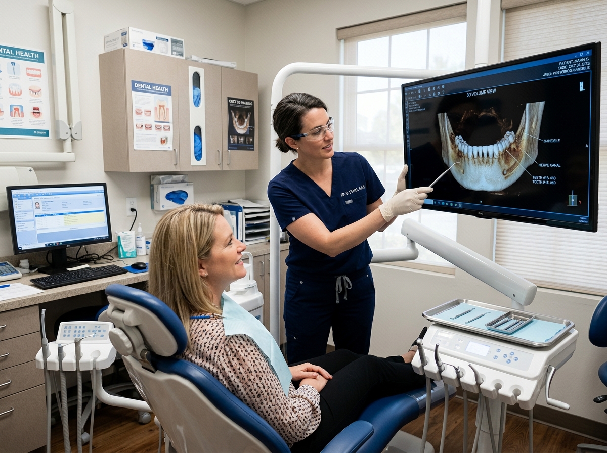 Dentist explaining a 3D CT scan to a patient - bone grafting for dental implants cost