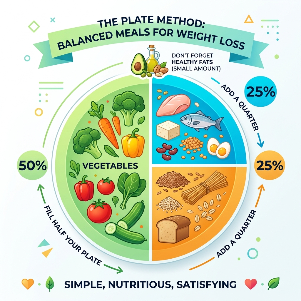 Plate method infographic showing half vegetables, quarter protein, quarter whole grains, with healthy fat - balanced meal Plate method infographic showing half vegetables, quarter protein, quarter whole grains, with healthy fat - balanced meal