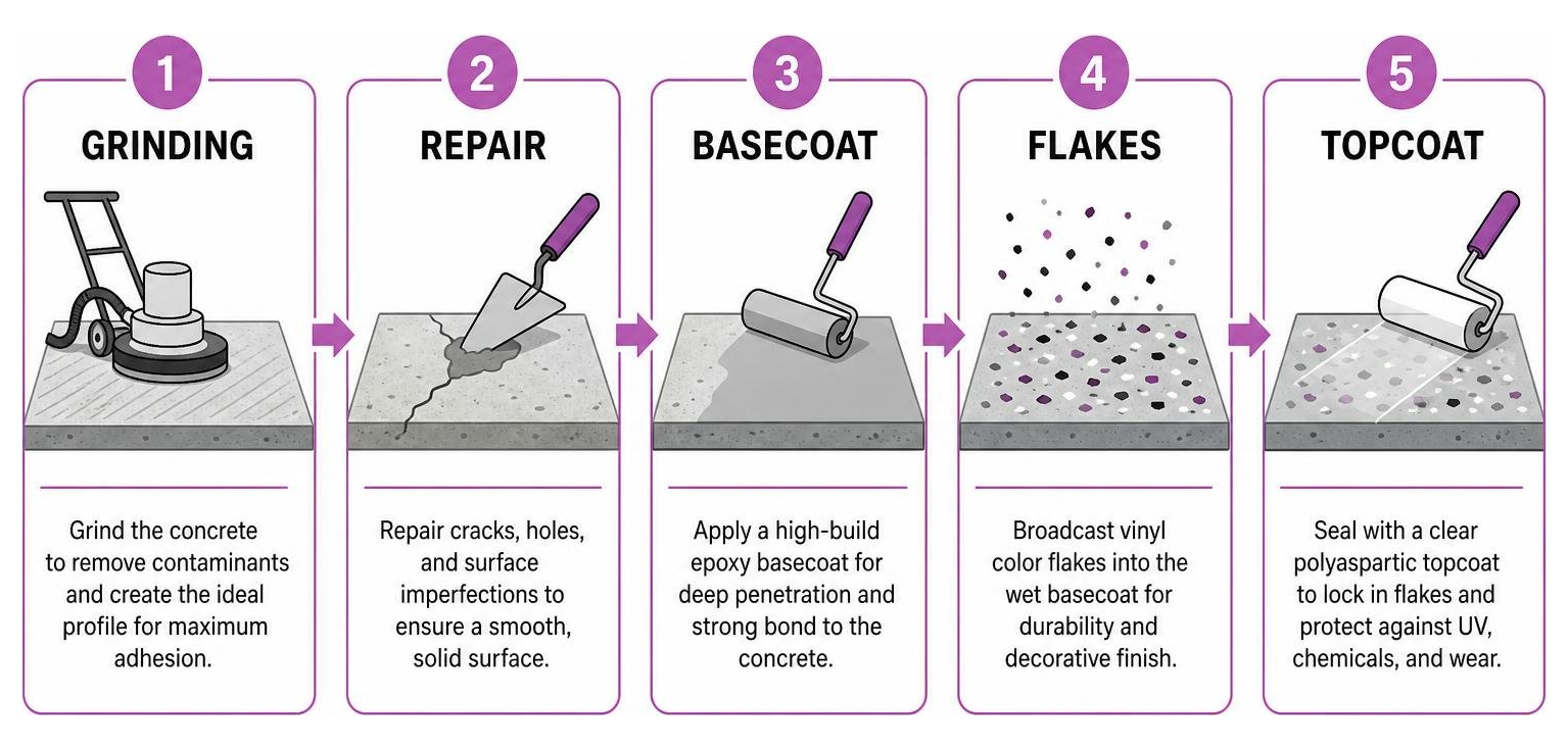 Concrete coating workflow: grinding, repair, basecoat, flakes, and topcoat Concrete coating workflow: grinding, repair, basecoat, flakes, and topcoat