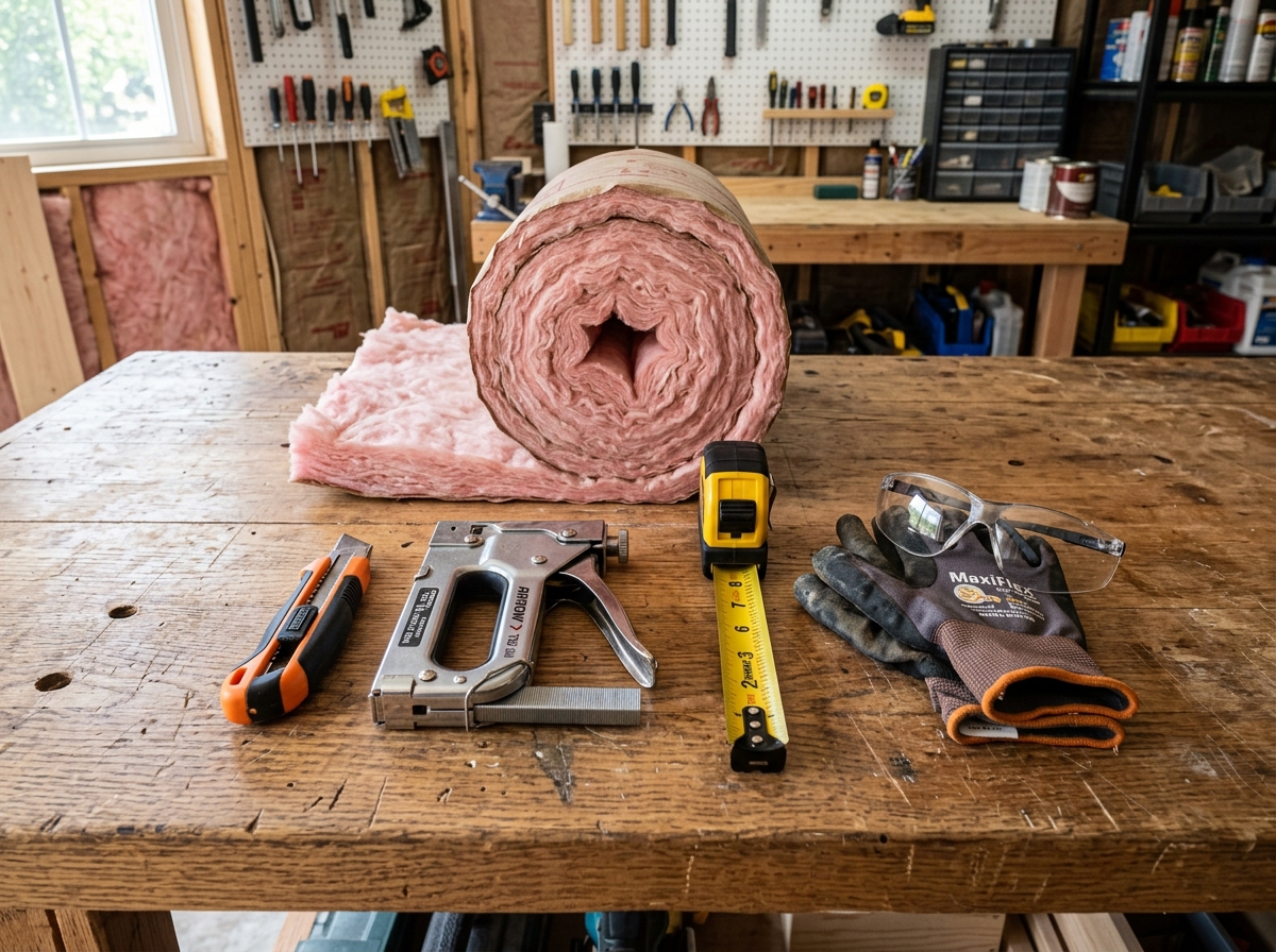 Essential DIY insulation tools: utility knife, stapler, tape measure, and safety gear - insulating shed walls diy
