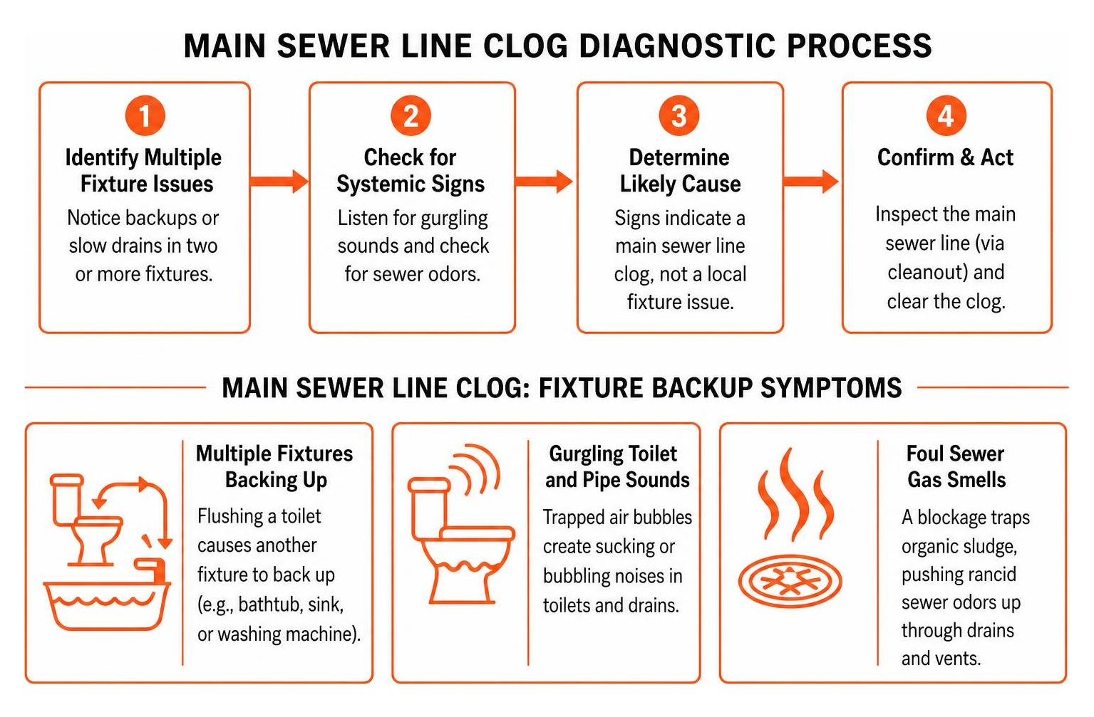 Main sewer line clog diagnostic process and fixture backup symptoms
