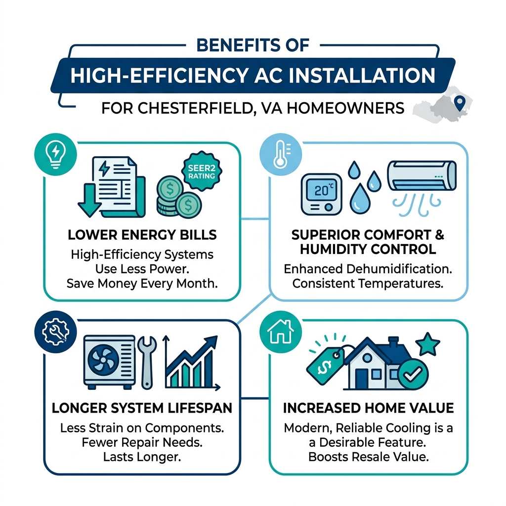 Infographic showing benefits of high-efficiency AC installation for Chesterfield VA homeowners - affordable air conditioning Infographic showing benefits of high-efficiency AC installation for Chesterfield VA homeowners - affordable air conditioning