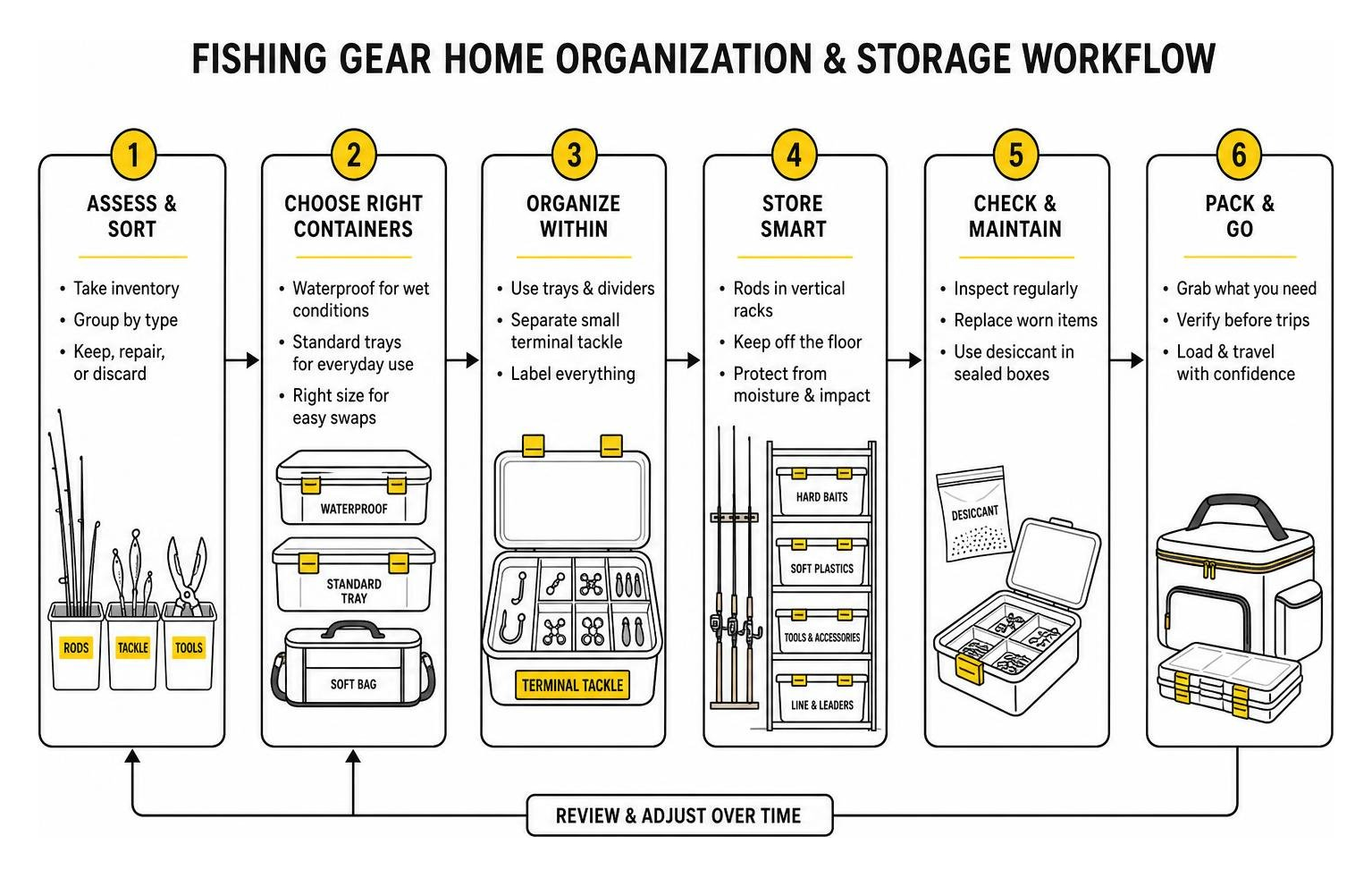 Fishing gear home organization and storage workflow diagram