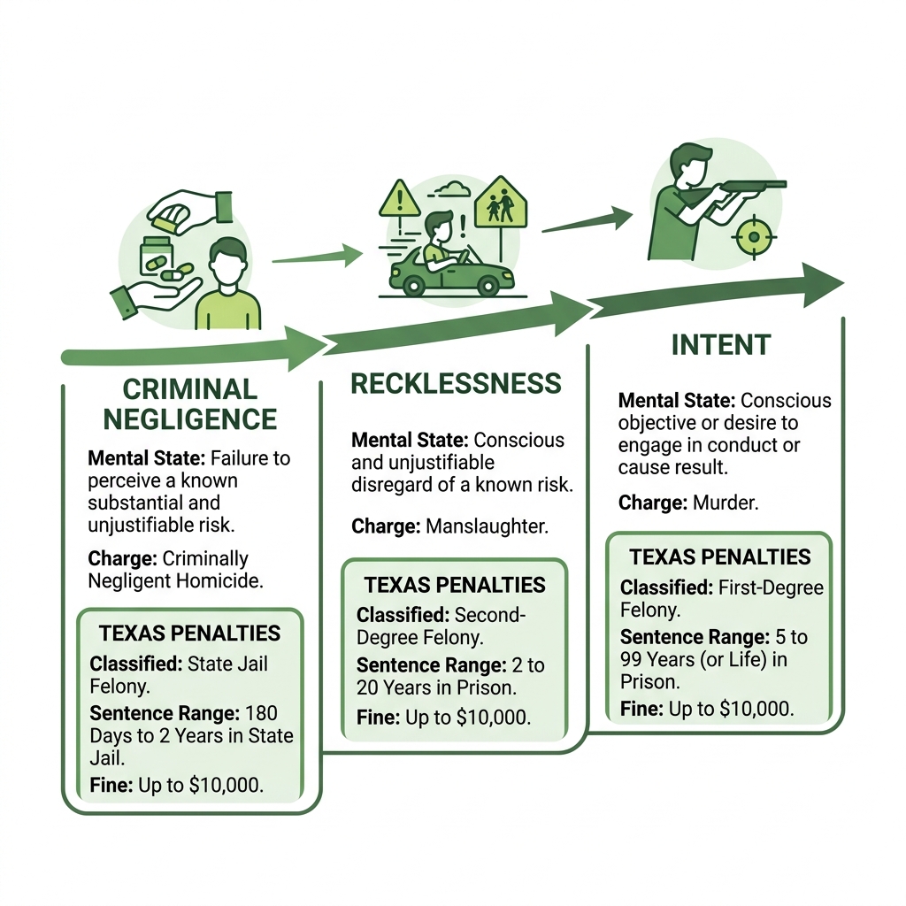 Infographic showing the spectrum of homicide intent from criminal negligence to recklessness to intent, with Texas penalties Infographic showing the spectrum of homicide intent from criminal negligence to recklessness to intent, with Texas penalties