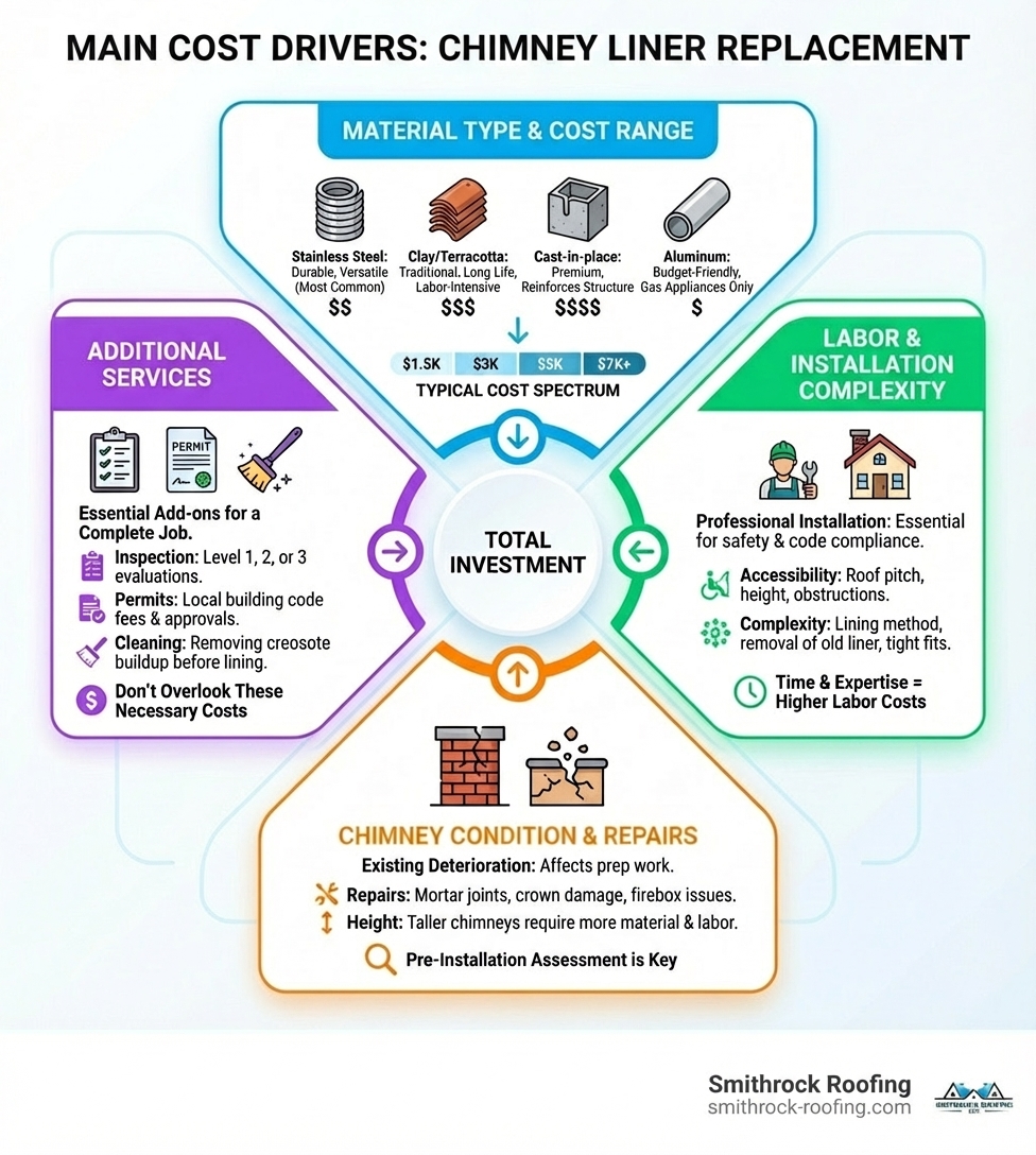 Infographic showing the main cost drivers for chimney liner replacement including material type and cost range, labor and installation complexity, chimney condition and required repairs, and additional services like inspection and permits - cost to replace chimney liner infographic Infographic showing the main cost drivers for chimney liner replacement including material type and cost range, labor and installation complexity, chimney condition and required repairs, and additional services like inspection and permits - cost to replace chimney liner infographic