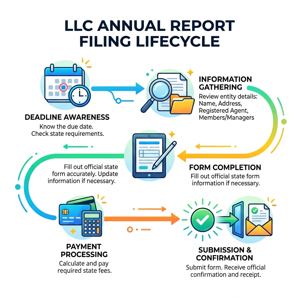 Annual report filing lifecycle from deadline to submission confirmation - LLC annual report filing infographic 