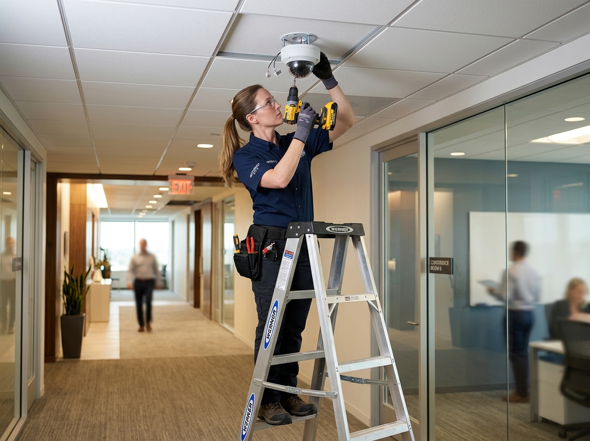 Professional technician installing a dome camera on a commercial ceiling - cctv fitting cost