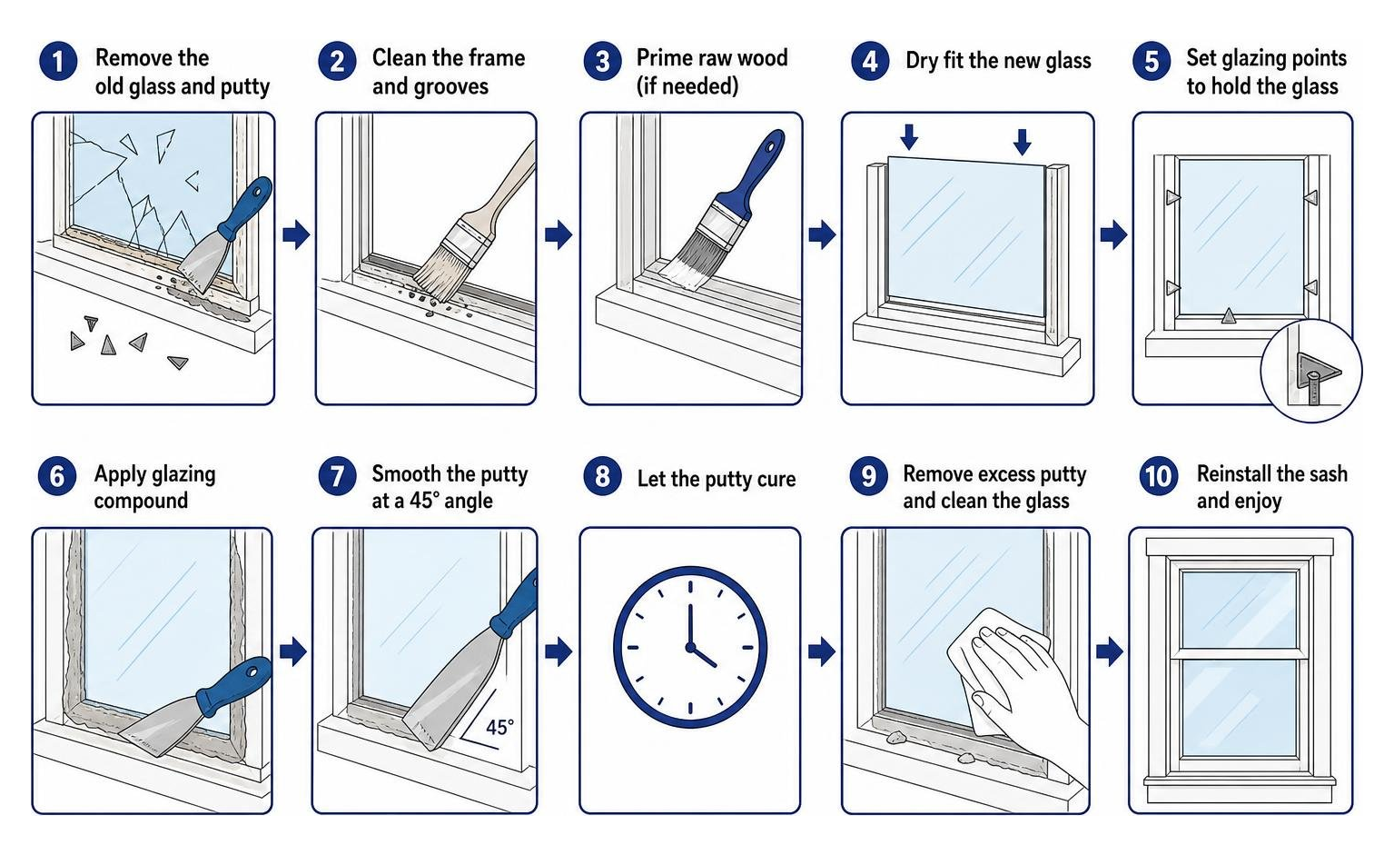step-by-step process diagram of single-pane window reglazing step-by-step process diagram of single-pane window reglazing