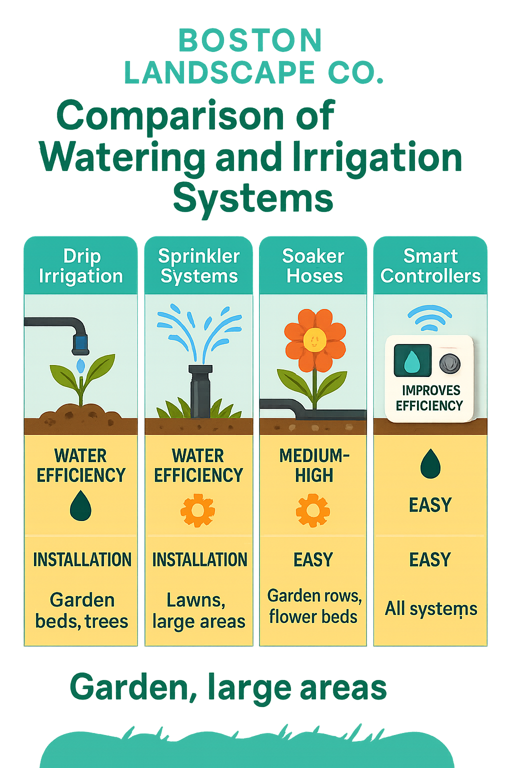 Comparison of different watering and irrigation systems showing drip irrigation, sprinkler systems, soaker hoses and smart controllers with their water efficiency ratings, installation complexity, and best applications for Massachusetts gardens - watering and irrigation systems infographic 