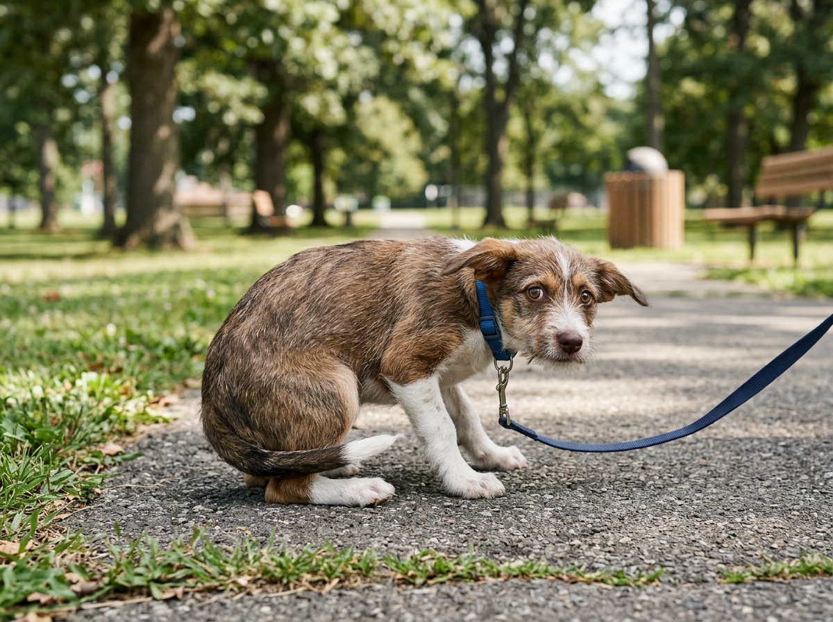 Puppy showing stress signals such as tucked tail and flattened ears in a public setting - anxious puppy Huntsville classes Puppy showing stress signals such as tucked tail and flattened ears in a public setting - anxious puppy Huntsville classes