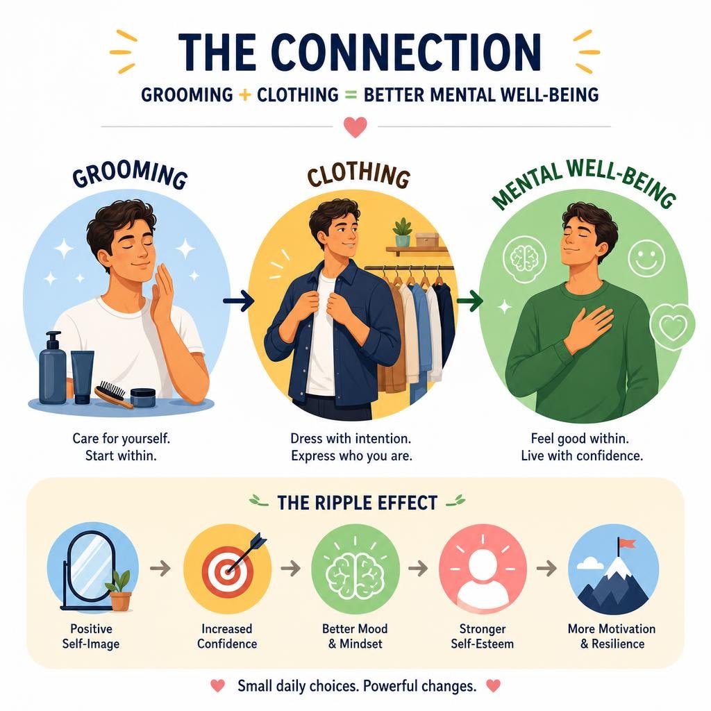explaining the connection between grooming, clothing, and mental well-being infographic