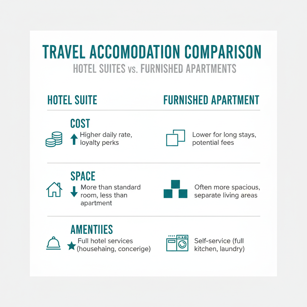 TABLE comparing Hotel Suites and Furnished Apartments across key criteria - Travel Accommodation Types infographic