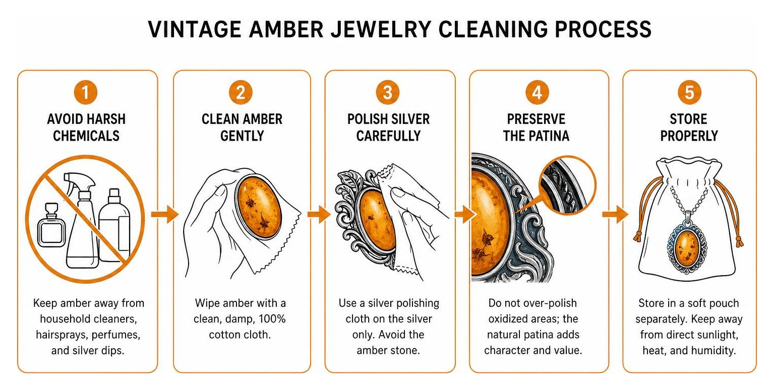 Vintage amber jewelry cleaning process diagram