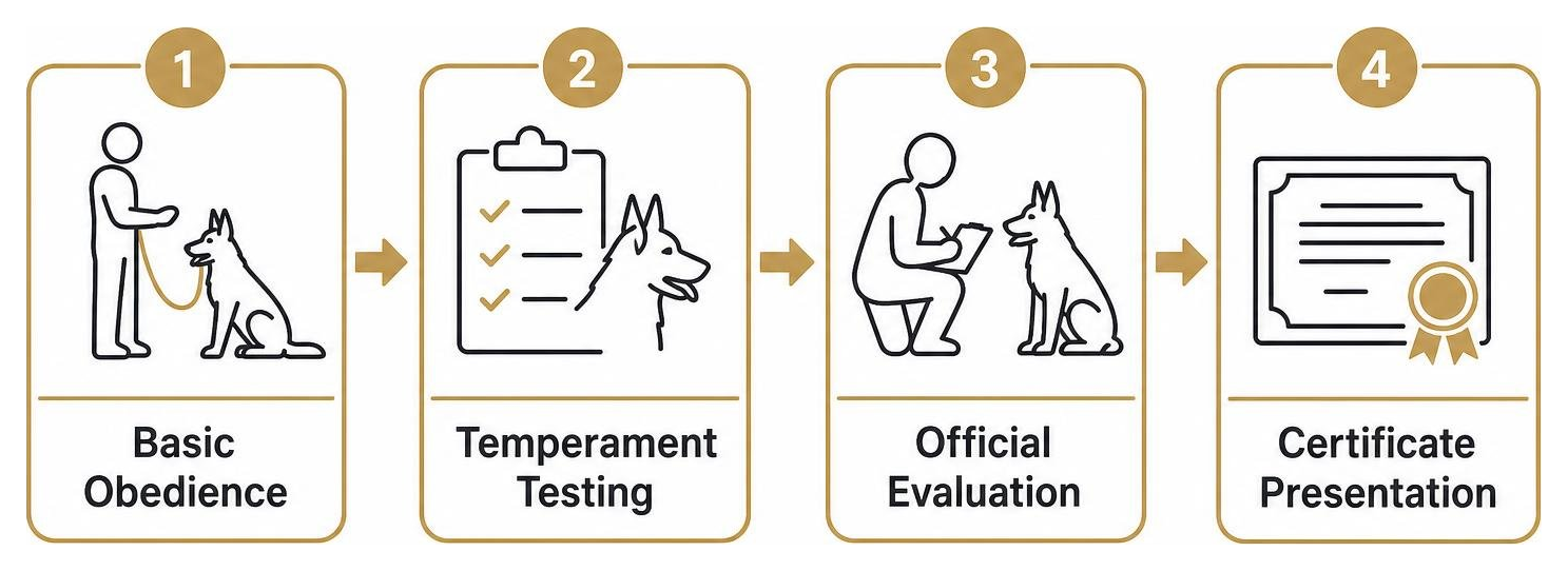 Sequence of obtaining behavioral certification: basic obedience, temperament testing, official evaluation, certificate