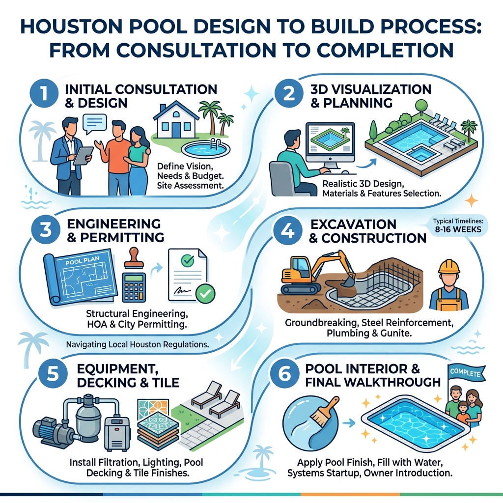 Houston pool design to build process infographic showing steps from consultation to completion - houston pool designers Houston pool design to build process infographic showing steps from consultation to completion - houston pool designers
