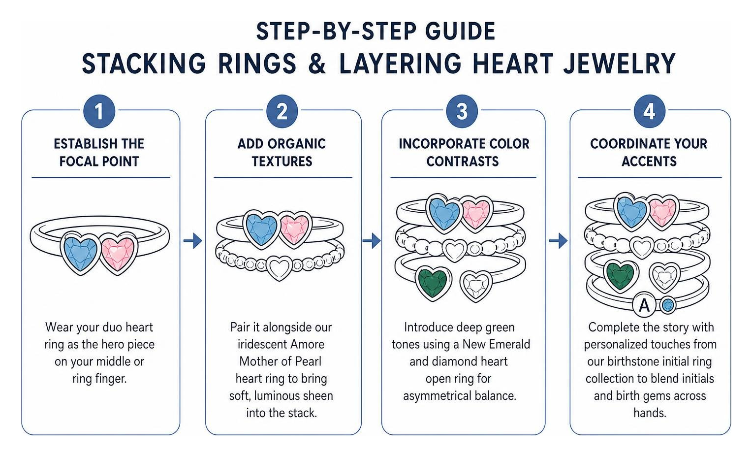 Step by step guide to stacking rings and layering heart jewelry