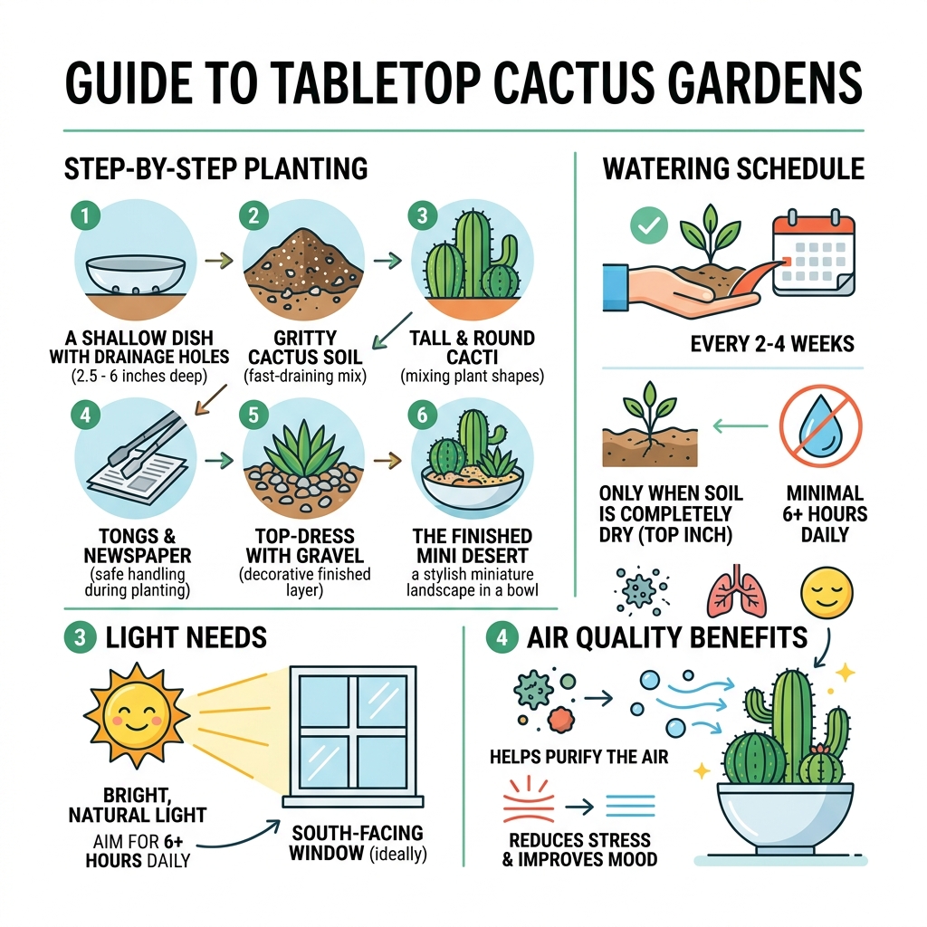 infographic showing tabletop cactus garden steps, watering schedule, light needs, and air quality benefits - tabletop cactus