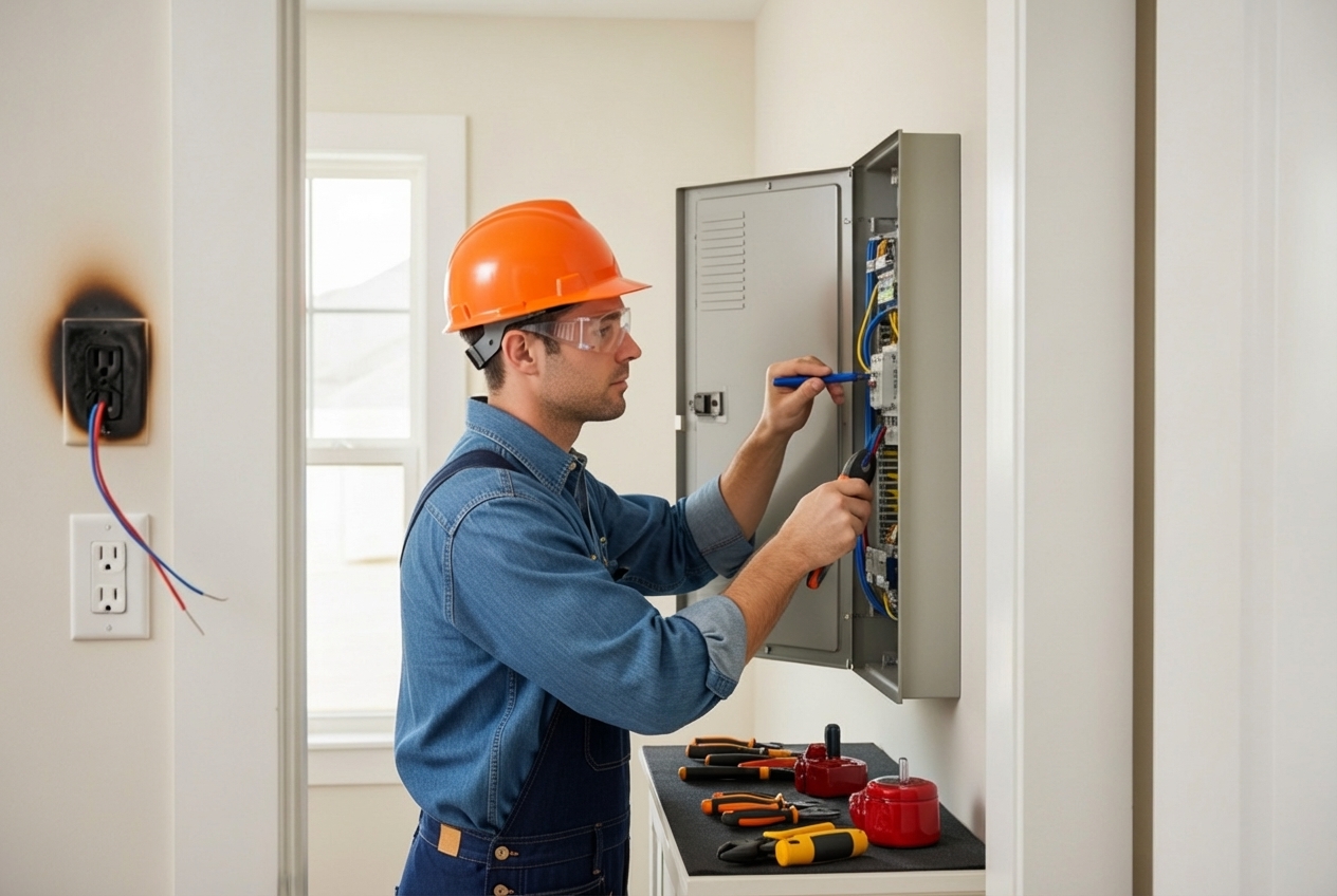 Infographic showing the difference between hiring a licensed electrician versus DIY electrical work, highlighting benefits such as code compliance, safety, warranty protection, proper permitting, insurance coverage, and reduced fire risk compared to DIY hazards like code violations, voided insurance, fire danger, and potential electrocution - best electrical installation in flowery branch, ga