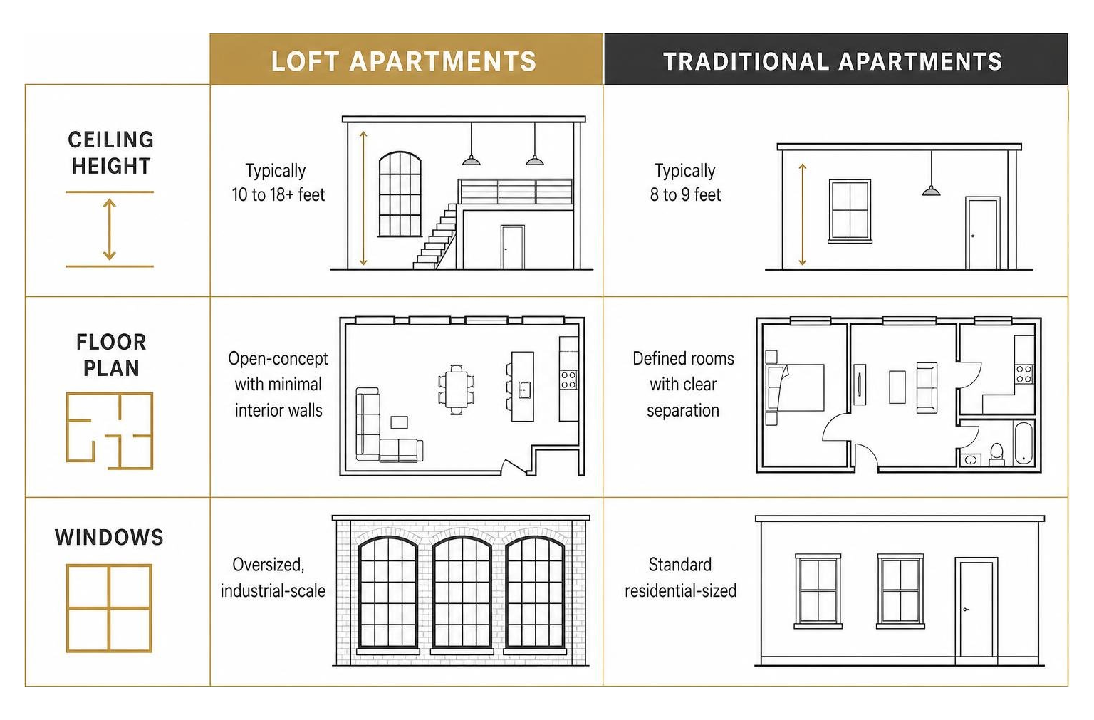 Diagram comparing loft apartments versus traditional apartments across layout and structure