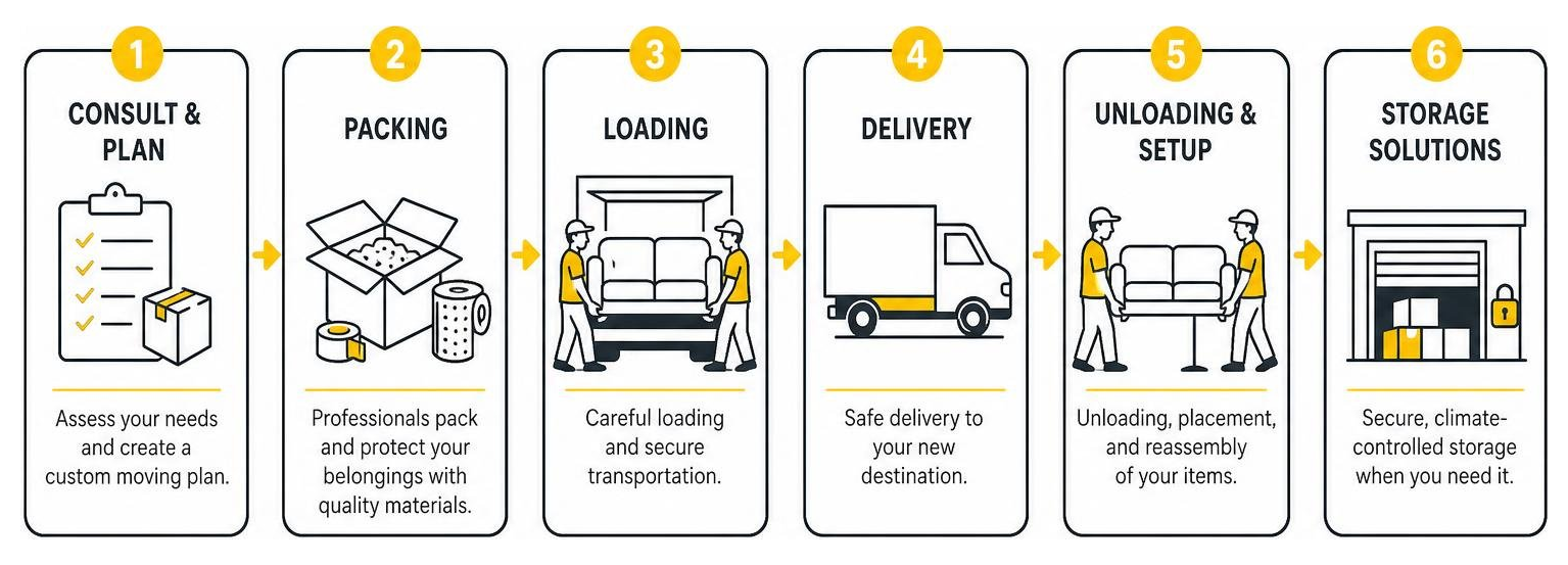 Diagram showing full-service moving offerings from packing to storage Diagram showing full-service moving offerings from packing to storage