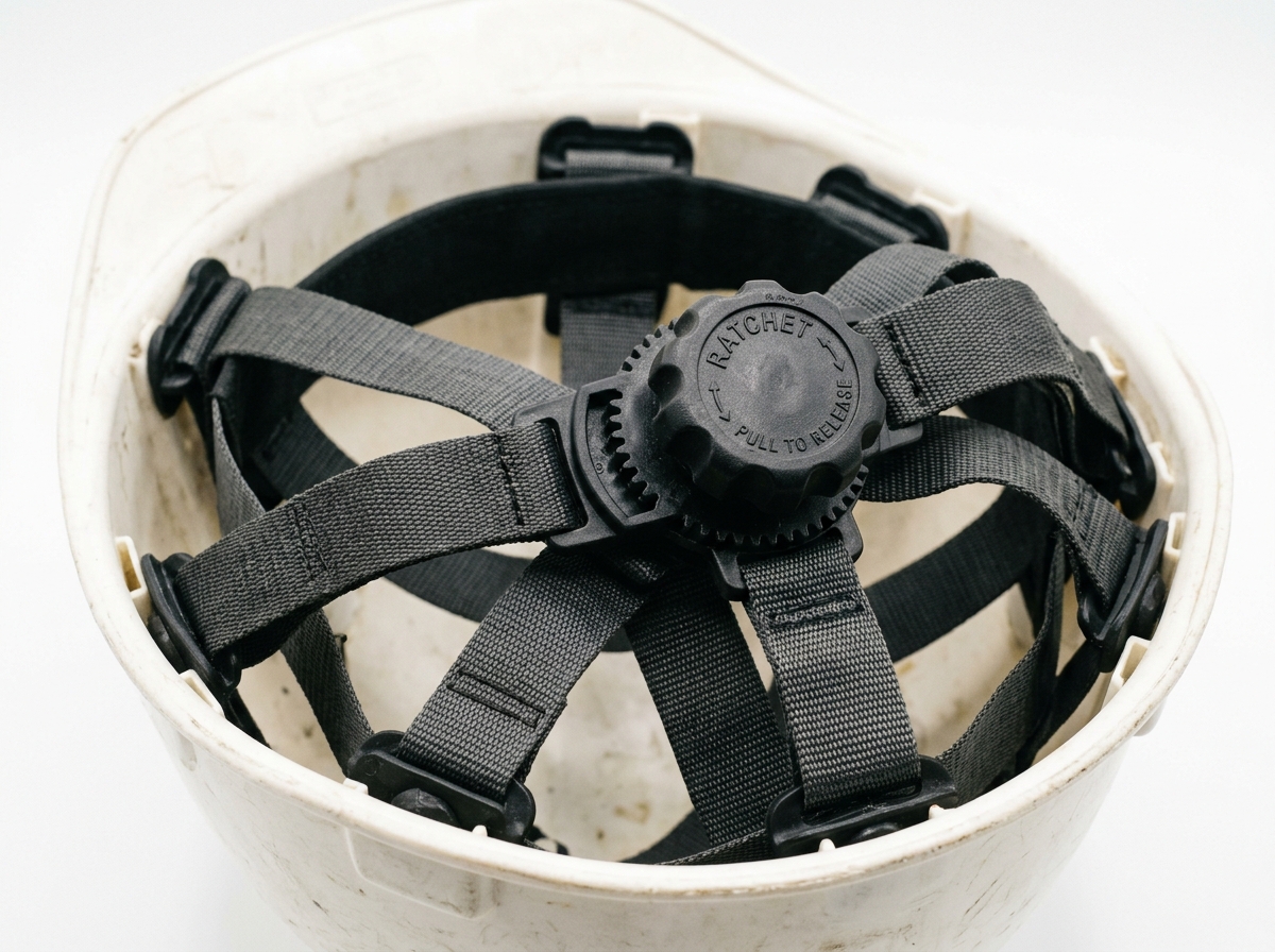 Close-up of a 6-point suspension system with a ratcheting dial - comfortable hard hat Close-up of a 6-point suspension system with a ratcheting dial - comfortable hard hat