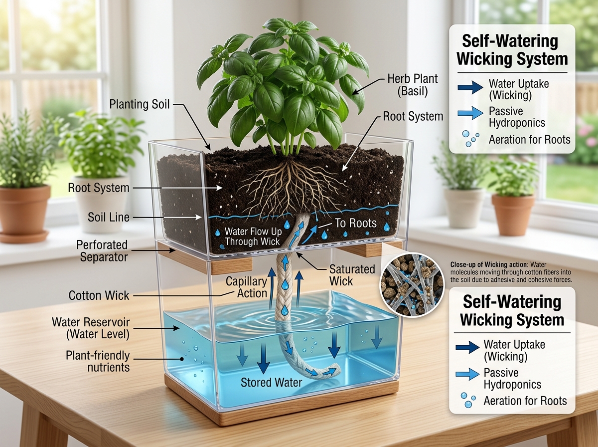 self-watering wicking system diagram showing how water moves from reservoir to roots - easy grow herb kit self-watering wicking system diagram showing how water moves from reservoir to roots - easy grow herb kit